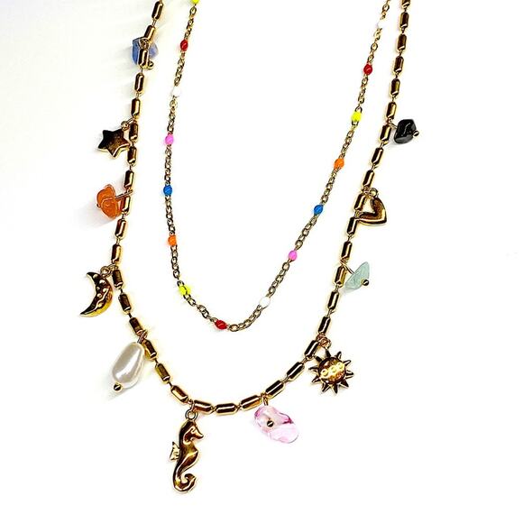 NEW Gold Sea Glass & Enamel Charm Double Strand Necklace - Picture 8 of 10